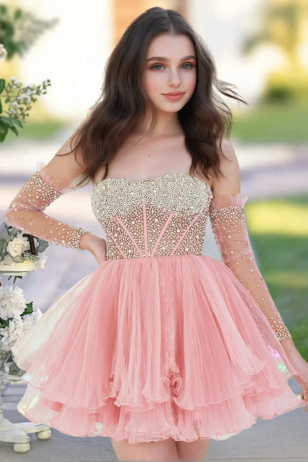 A Line Short Homecoming Dress/Cocktail Dress With beads Removable sleeves BabaMila