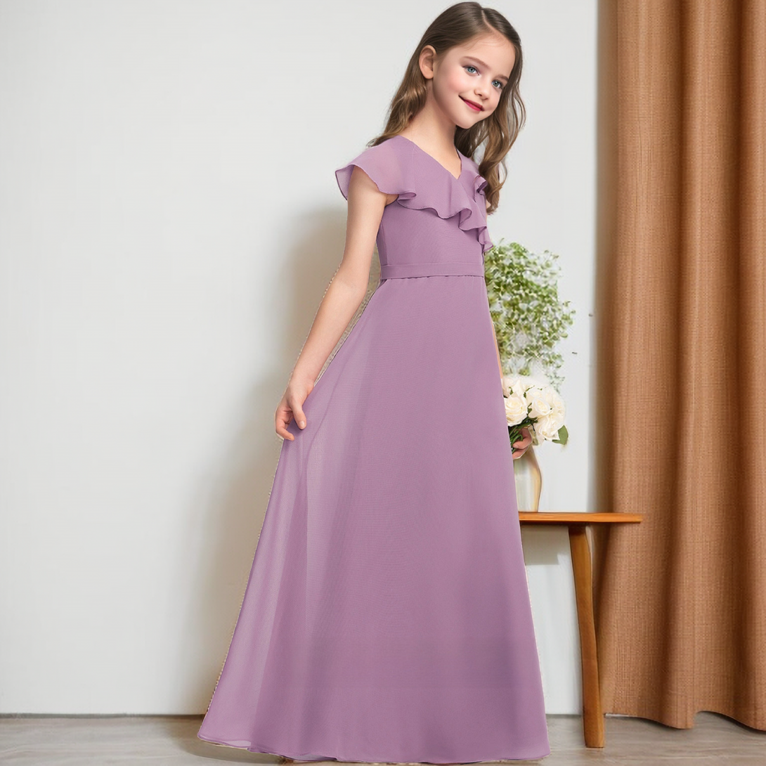 A-Line Cape V-Neck Simple Floor-Length Chiffon Junior Bridesmaid Dress/Girls Birthday Dresses With Belt Girls Gidiondress as picture 12M