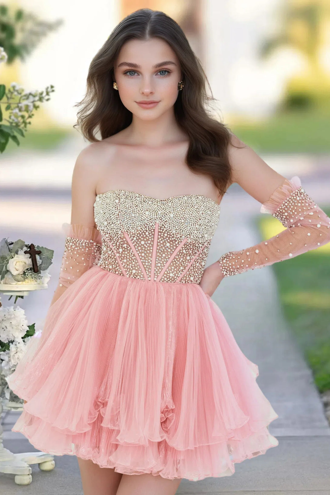A Line Short Homecoming Dress/Cocktail Dress With beads Removable sleeves BabaMila