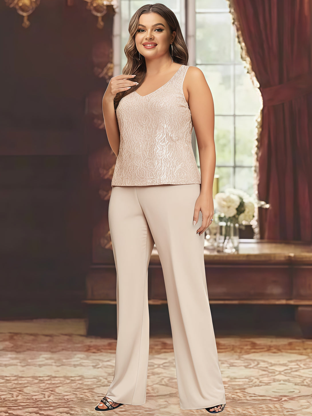 V-Neck Long Sleeve Ankel-Length Lace/Chiffon Mother of the Bride Pantsuits With Jacket BabaMila