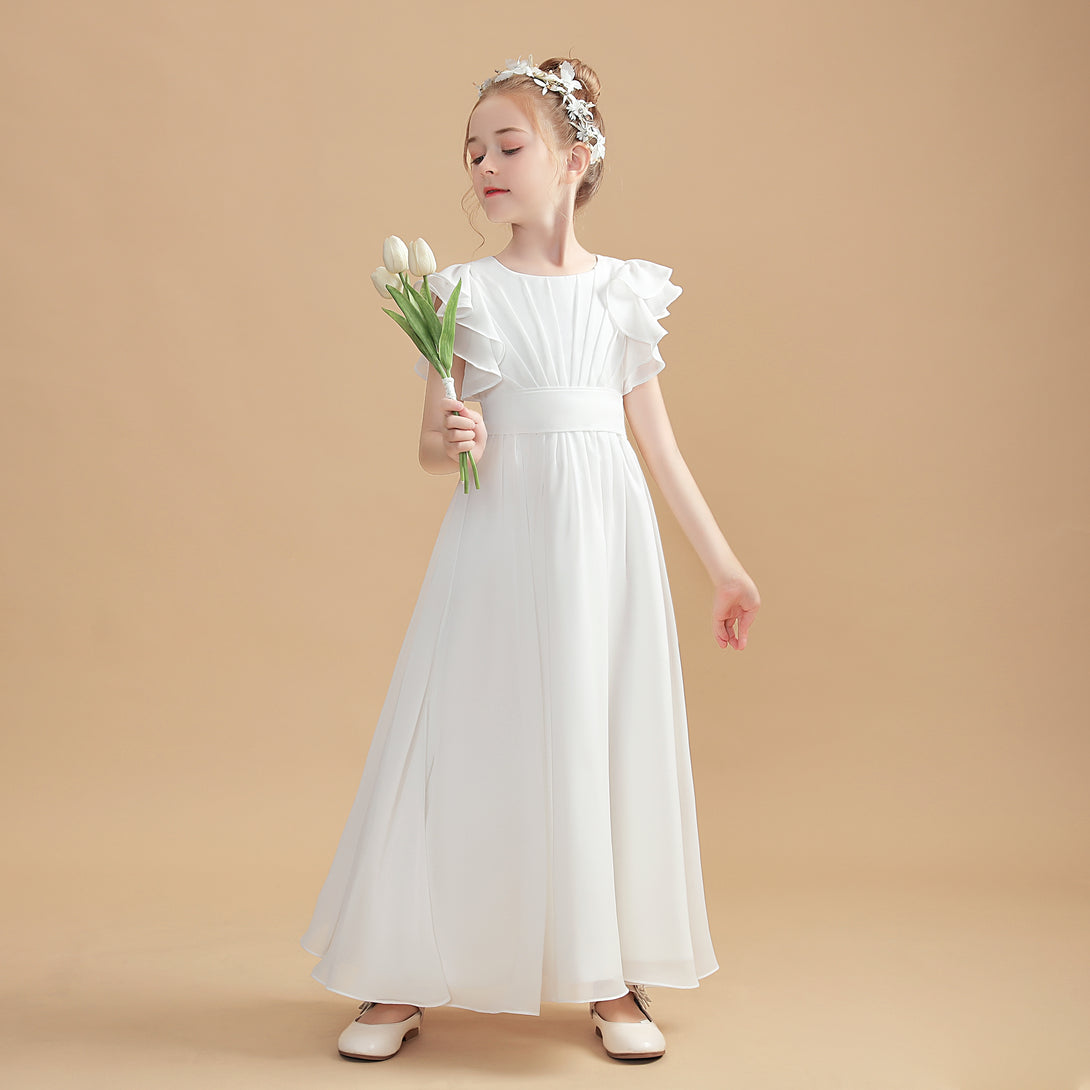 A-Line Flutter straps Scoop Neck Floor-Length Ivory Chiffon Flower Girl Dresses/First Communion Dress Gidiondress