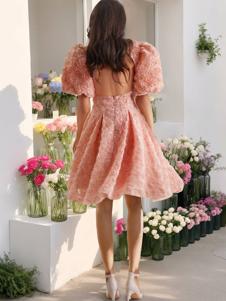 A-Line/Princess Puff Sleeve Deep V-Neck Floral Knee-Length Short/Mini Prom Dresses with Opened Back BabaMila
