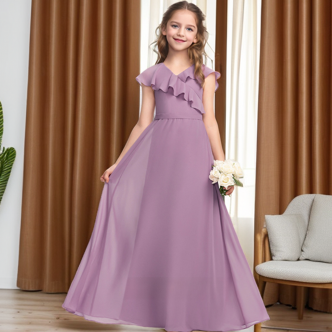 A-Line Cape V-Neck Simple Floor-Length Chiffon Junior Bridesmaid Dress/Girls Birthday Dresses With Belt Girls Gidiondress