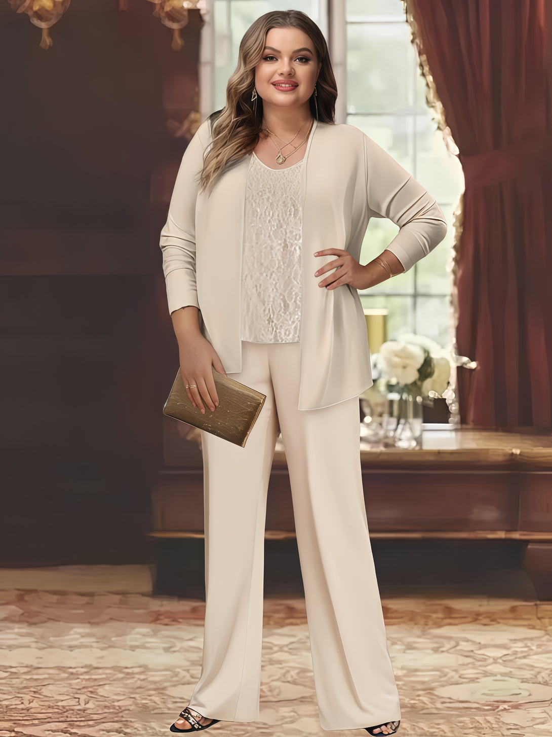 V-Neck Long Sleeve Ankel-Length Lace/Chiffon Mother of the Bride Pantsuits With Jacket BabaMila