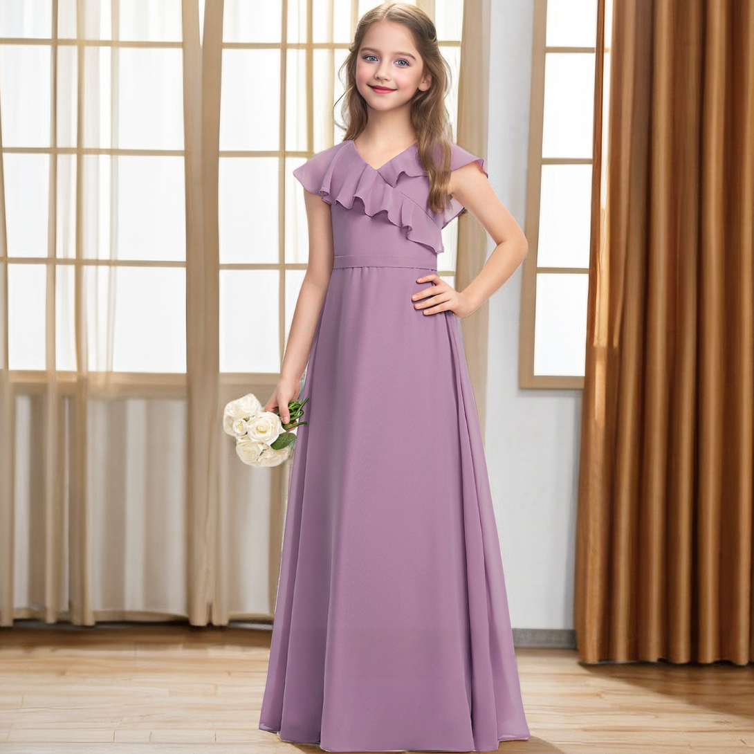 A-Line Cape V-Neck Simple Floor-Length Chiffon Junior Bridesmaid Dress/Girls Birthday Dresses With Belt Girls Gidiondress