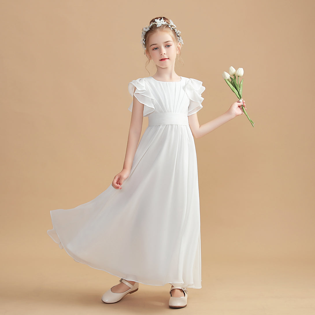 A-Line Flutter straps Scoop Neck Floor-Length Ivory Chiffon Flower Girl Dresses/First Communion Dress Gidiondress