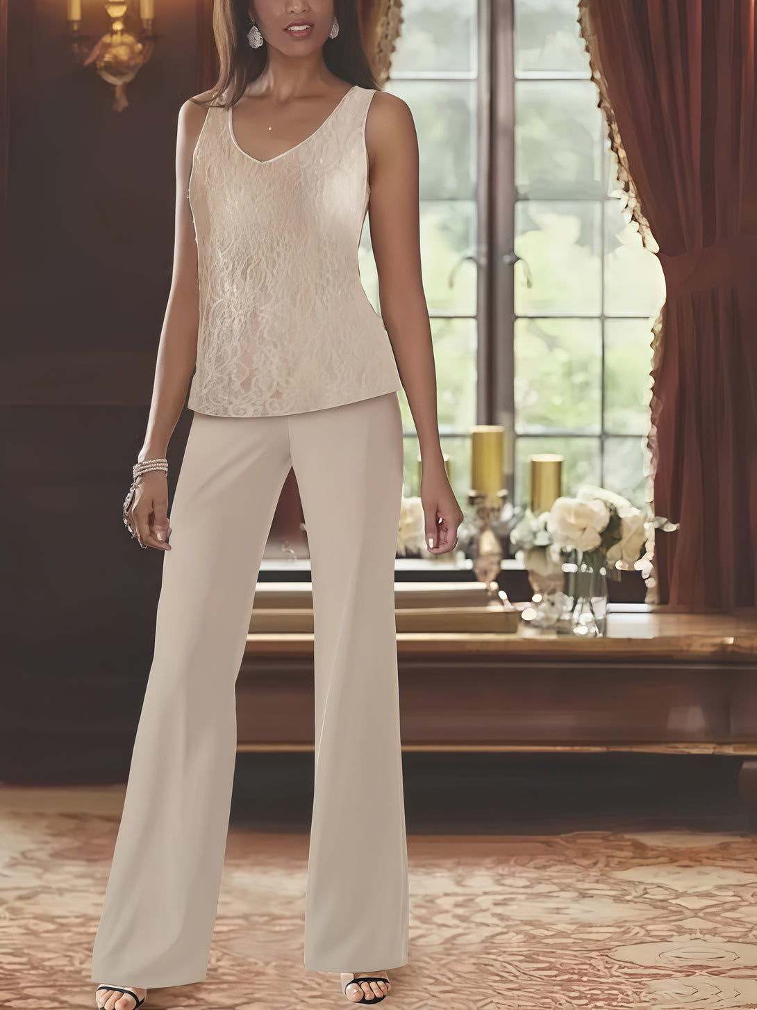 V-Neck Long Sleeve Ankel-Length Lace/Chiffon Mother of the Bride Pantsuits With Jacket BabaMila