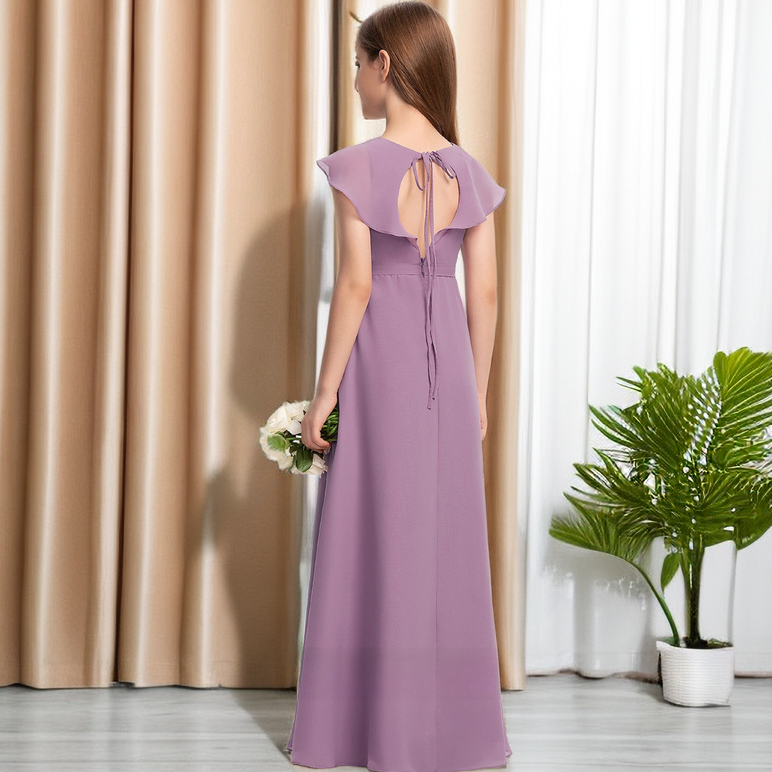 A-Line Cape V-Neck Simple Floor-Length Chiffon Junior Bridesmaid Dress/Girls Birthday Dresses With Belt Girls Gidiondress