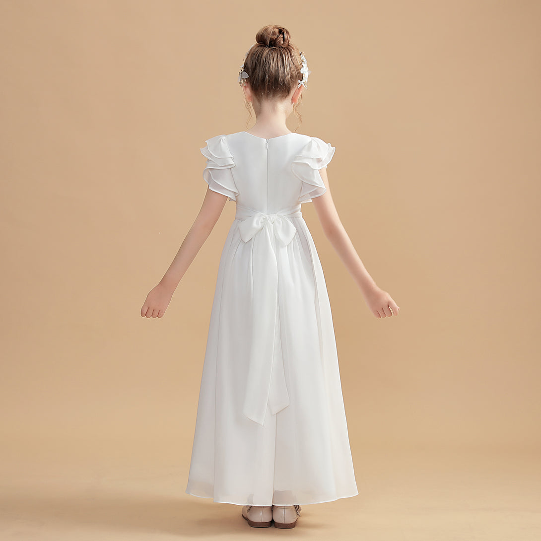 A-Line Flutter straps Scoop Neck Floor-Length Ivory Chiffon Flower Girl Dresses/First Communion Dress Gidiondress