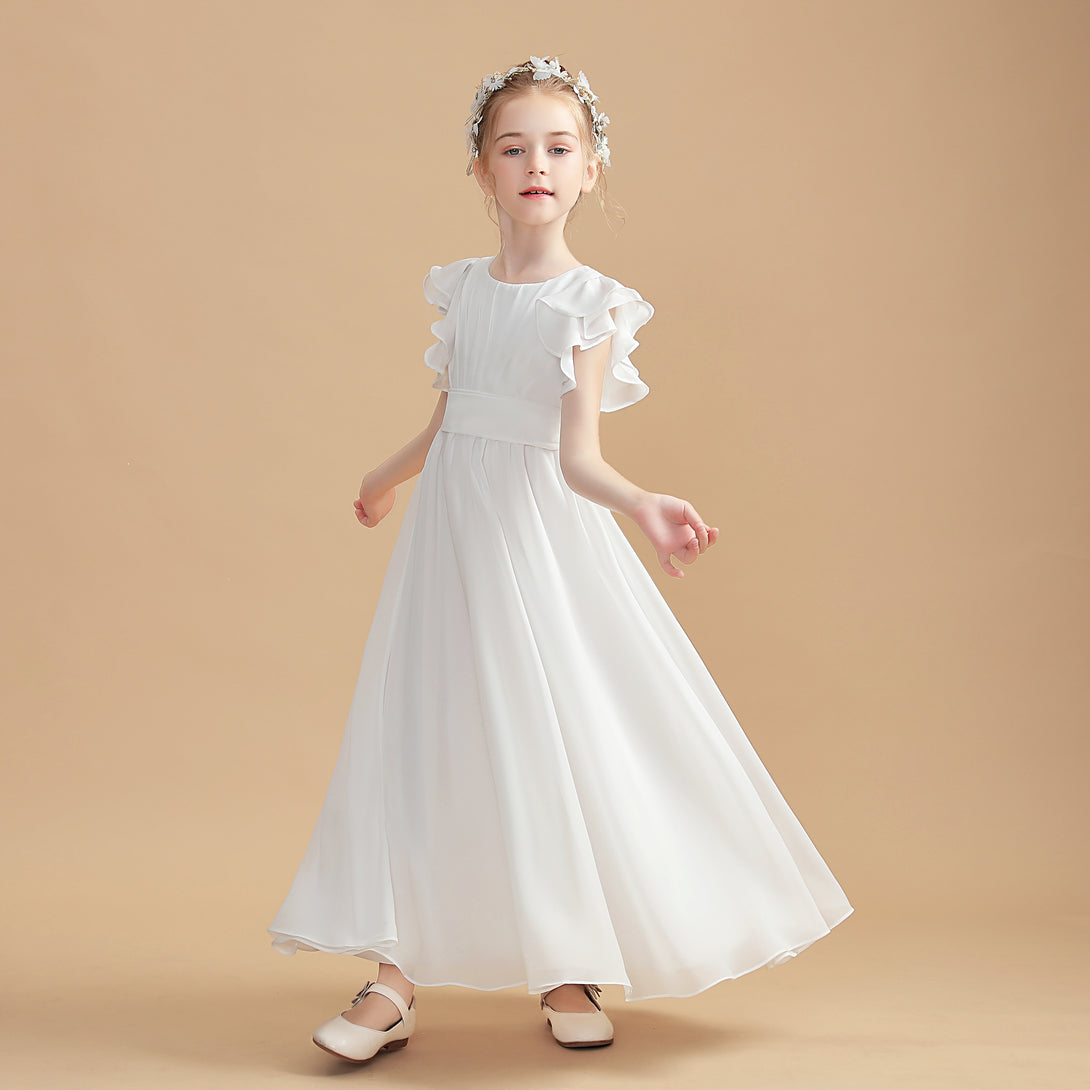 A-Line Flutter straps Scoop Neck Floor-Length Ivory Chiffon Flower Girl Dresses/First Communion Dress Gidiondress Ivory 12M