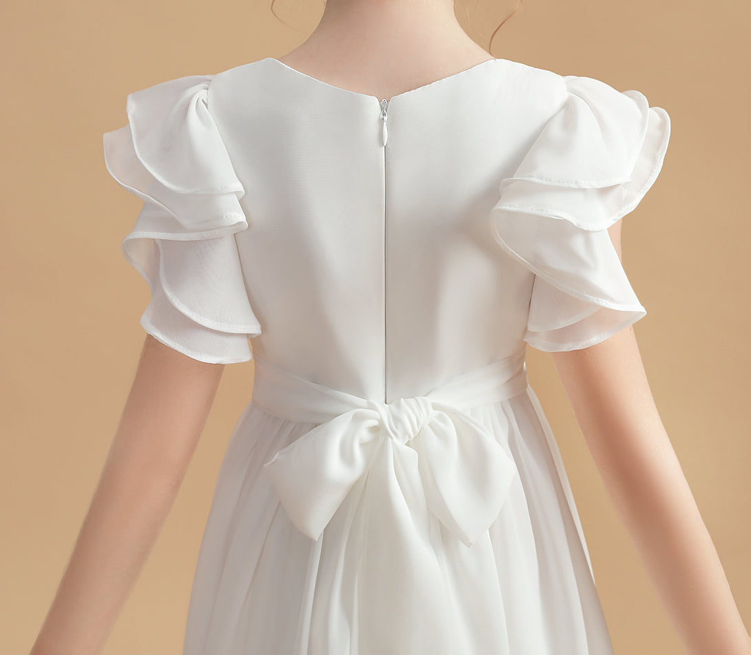 A-Line Flutter straps Scoop Neck Floor-Length Ivory Chiffon Flower Girl Dresses/First Communion Dress Gidiondress