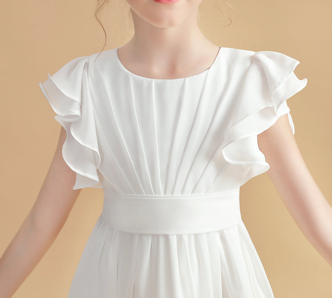 A-Line Flutter straps Scoop Neck Floor-Length Ivory Chiffon Flower Girl Dresses/First Communion Dress Gidiondress