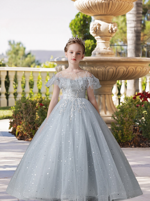 Exquisite Scoop Neck Cold Shoulder Floor-Length Lace/Printed Tulle Ball Gown/Princess With Ruffled Hem/Appliques Gidiondress