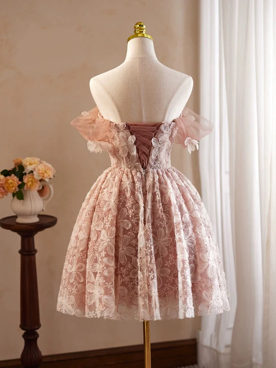 A-Line Off Shoulder Tulle Lace Short Prom Dress Homecoming Dress BabaMila