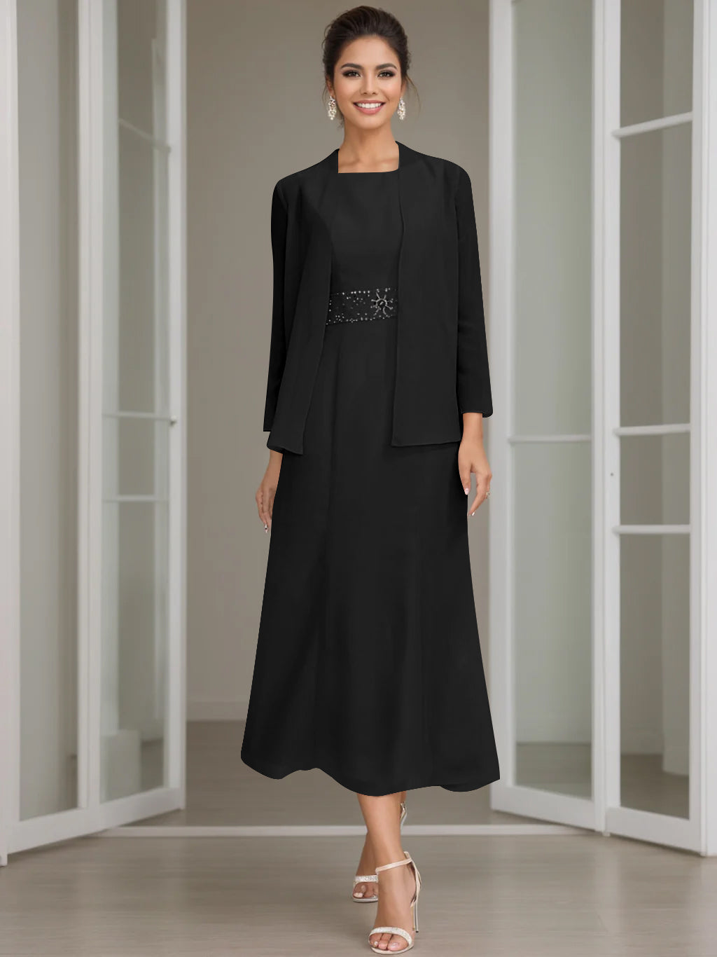 Sheath/Column Off-The-Shoulder Short Sleeves Tea-Length Unique Mother Of The Bride Dresses With Feathers BabaMila