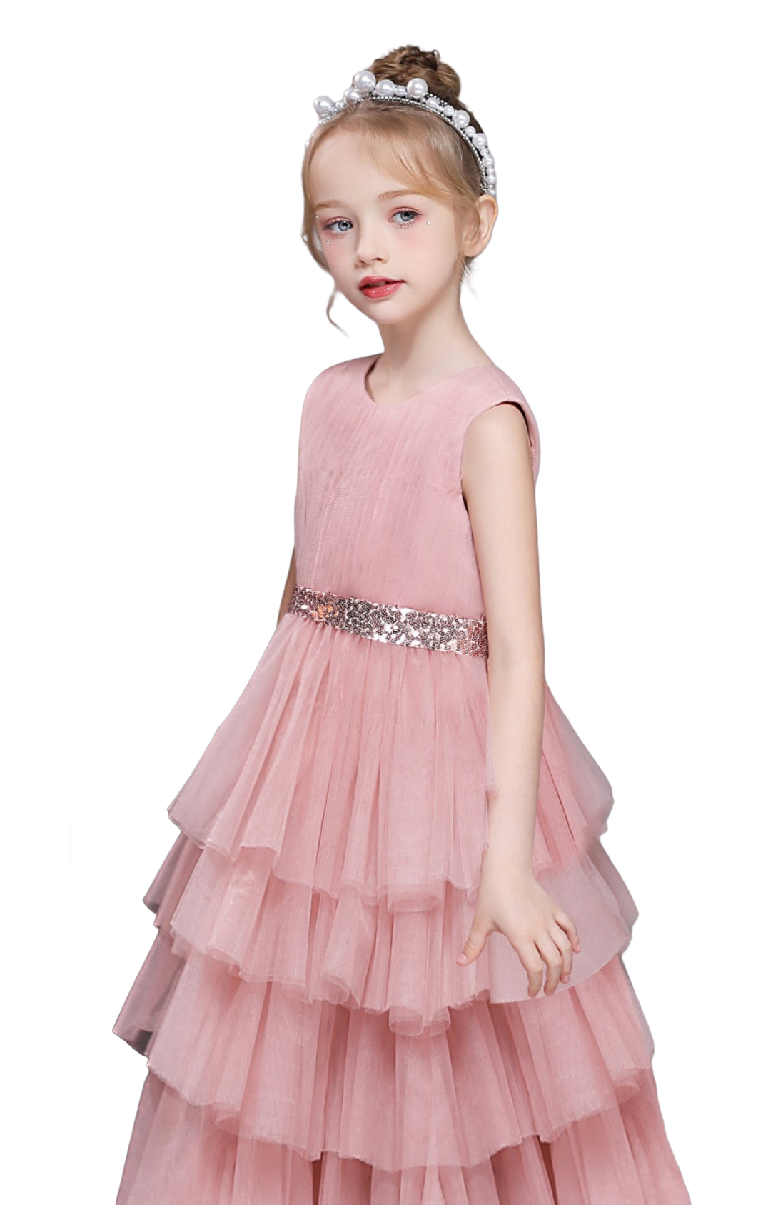 Girls Birthday Dresses Scoop Neck Sleeveless Floor-Length Tulle/Sequins Girl's Cake Dresses With Pleated/Sequins Belt Girls Gidiondress