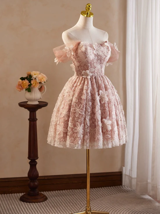 A-Line Off Shoulder Tulle Lace Short Prom Dress Homecoming Dress BabaMila