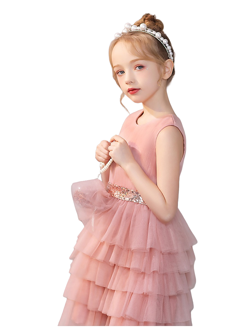 Girls Birthday Dresses Scoop Neck Sleeveless Floor-Length Tulle/Sequins Girl's Cake Dresses With Pleated/Sequins Belt Girls Gidiondress