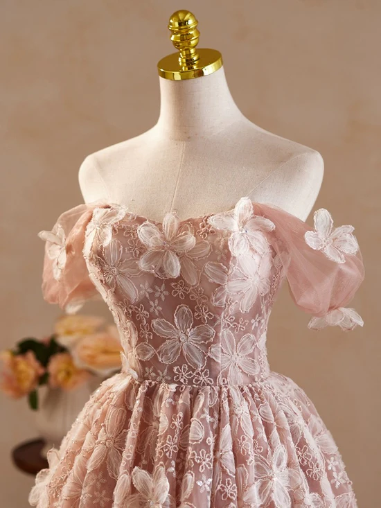 A-Line Off Shoulder Tulle Lace Short Prom Dress Homecoming Dress BabaMila