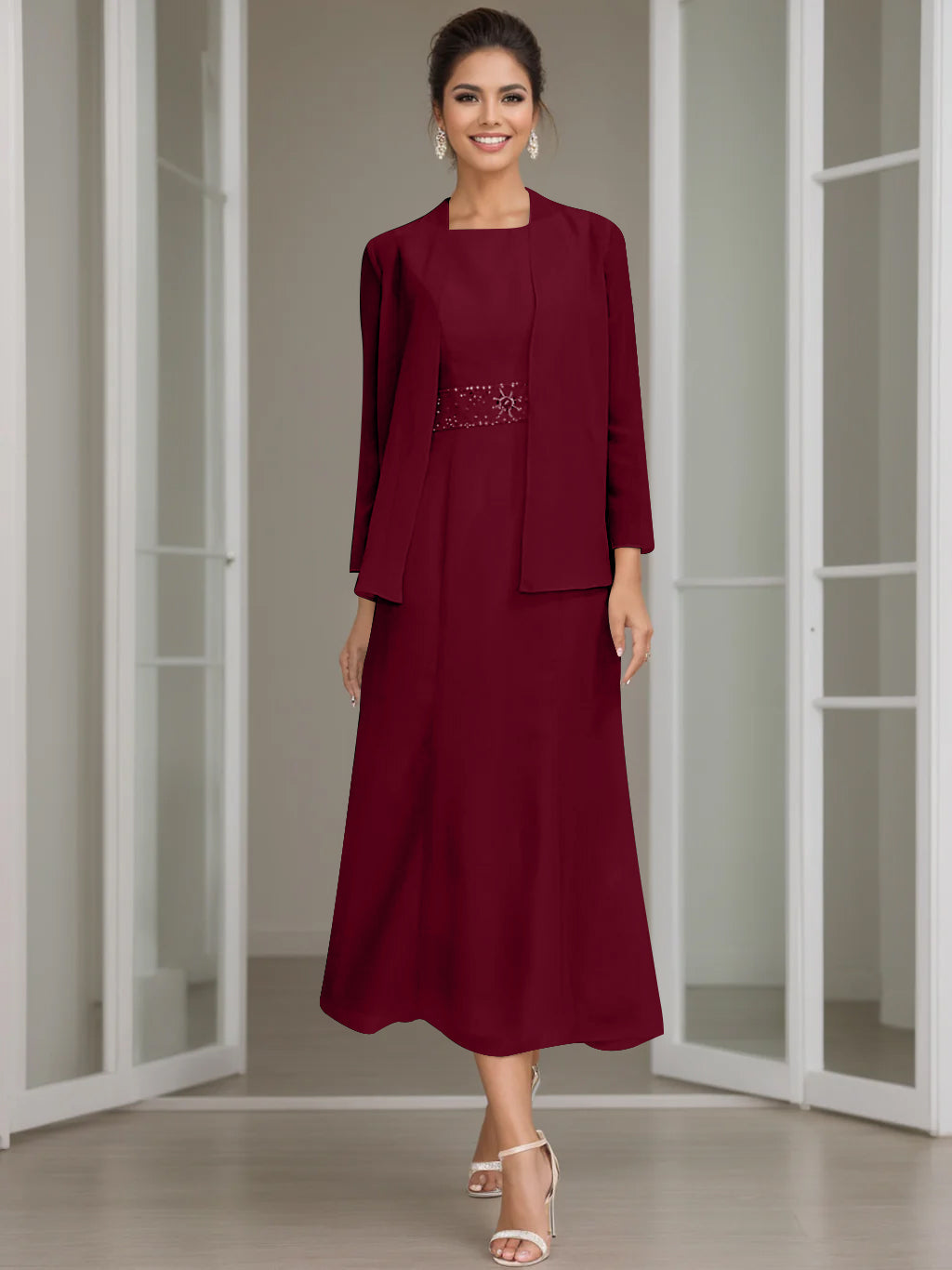 Sheath/Column Off-The-Shoulder Short Sleeves Tea-Length Unique Mother Of The Bride Dresses With Feathers BabaMila