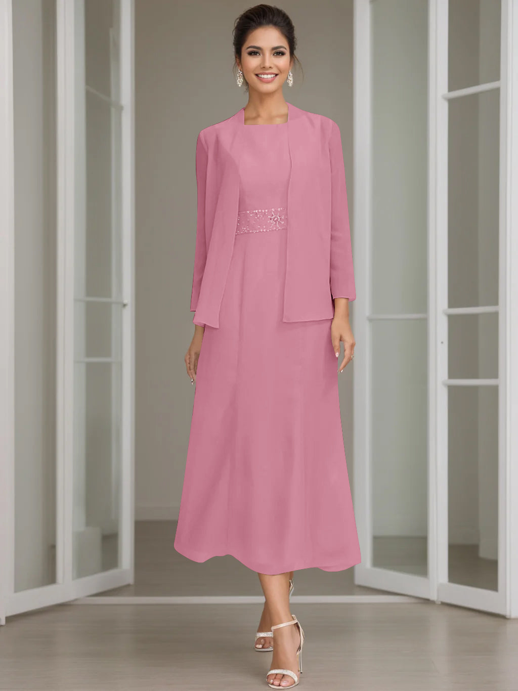 Sheath/Column Off-The-Shoulder Short Sleeves Tea-Length Unique Mother Of The Bride Dresses With Feathers BabaMila