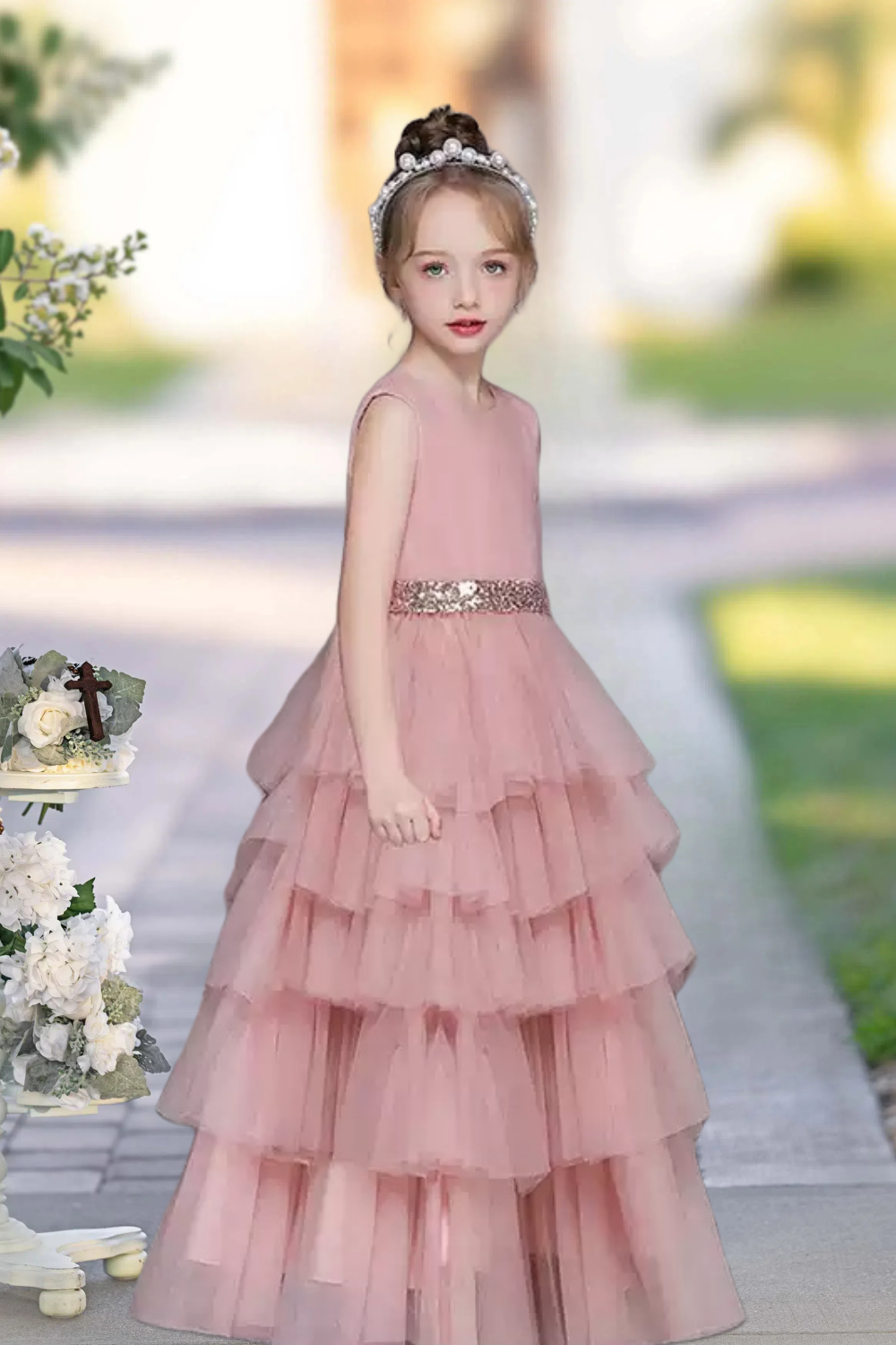 Girls Birthday Dresses Scoop Neck Sleeveless Floor-Length Tulle/Sequins Girl's Cake Dresses With Pleated/Sequins Belt Girls Gidiondress Dusty Rose 12M
