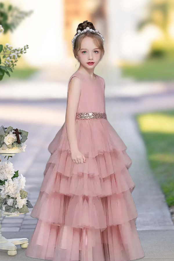 Girls Birthday Dresses Scoop Neck Sleeveless Floor-Length Tulle/Sequins Girl's Cake Dresses With Pleated/Sequins Belt Girls Gidiondress Dusty Rose 12M