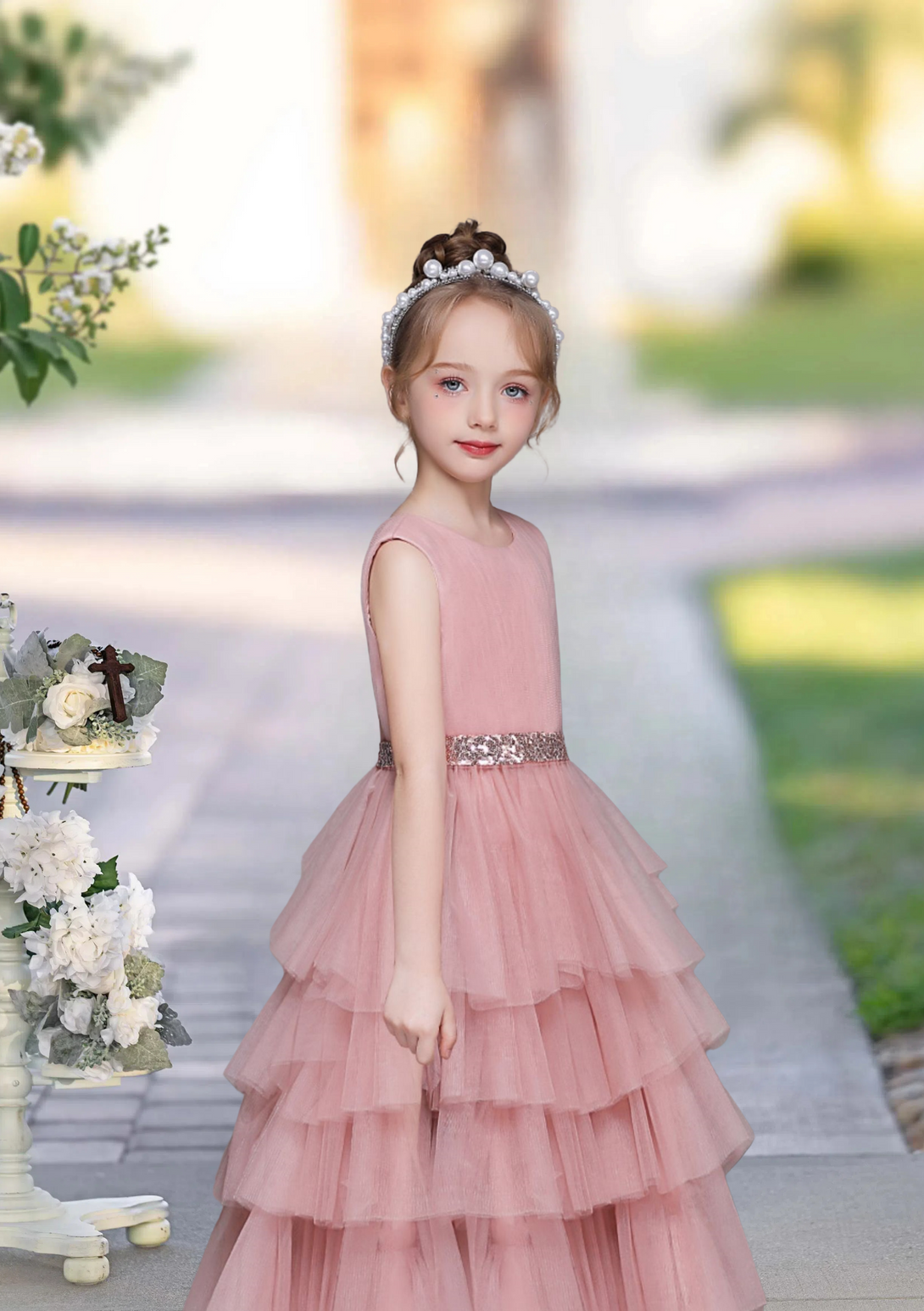 Girls Birthday Dresses Scoop Neck Sleeveless Floor-Length Tulle/Sequins Girl's Cake Dresses With Pleated/Sequins Belt Girls Gidiondress