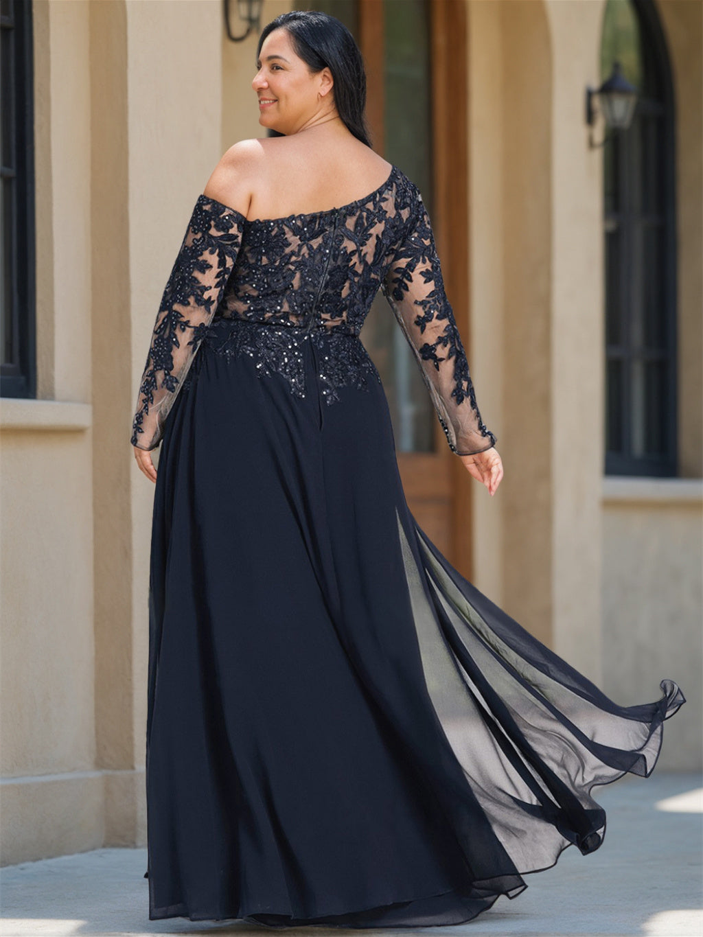 A-Line/Princess One-Shoulder Long Sleeves Floor Length Plus Size Mother Of The Bride Dresses With High Split BabaMila