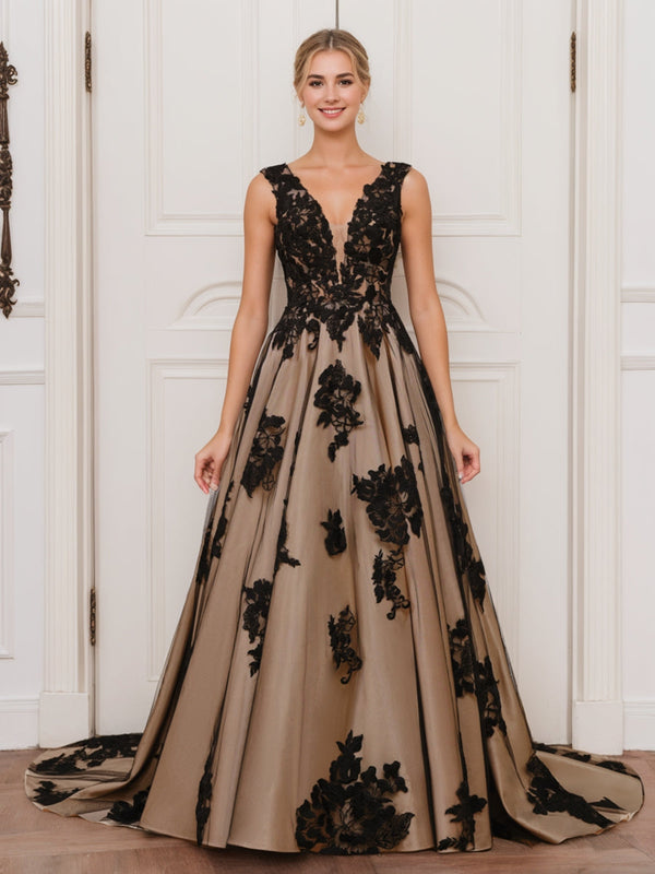 A-Line/Princess V-Neck Sleeveless Long Tulle Wedding Dress with Appliques BabaMila