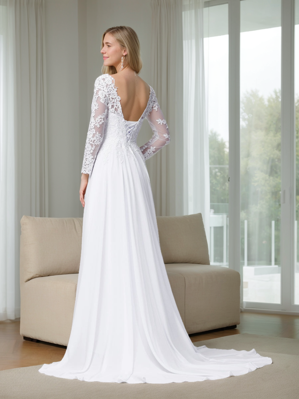 A-Line/Princess V-Neck Long Sleeves Sweep Train Appliques Wedding Dress BabaMila