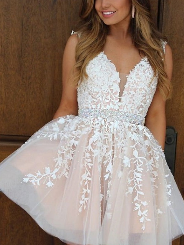 A-Line V-Neck Sleeveless Tulle Homecoming Dresses with Appliques/Beads Belt BabaMila