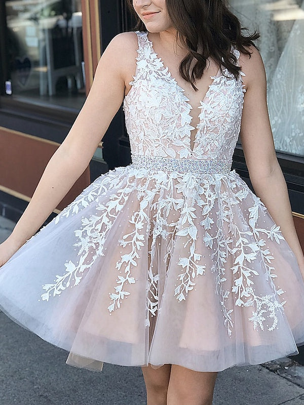 A-Line V-Neck Sleeveless Tulle Homecoming Dresses with Appliques/Beads Belt BabaMila