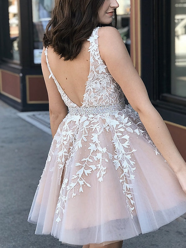 A-Line V-Neck Sleeveless Tulle Homecoming Dresses with Appliques/Beads Belt BabaMila