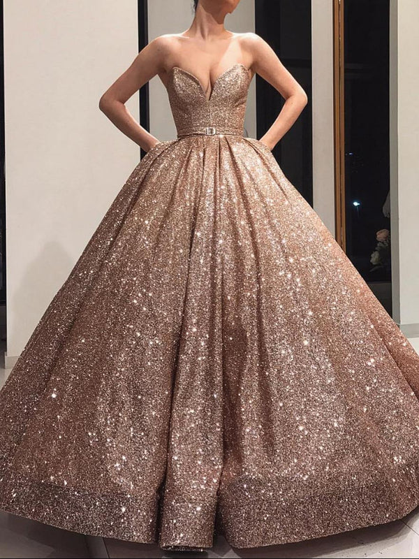 Ball Gown V-Neck Sequined Lace Floor-length Long Prom Dresses With Belt BabaMila