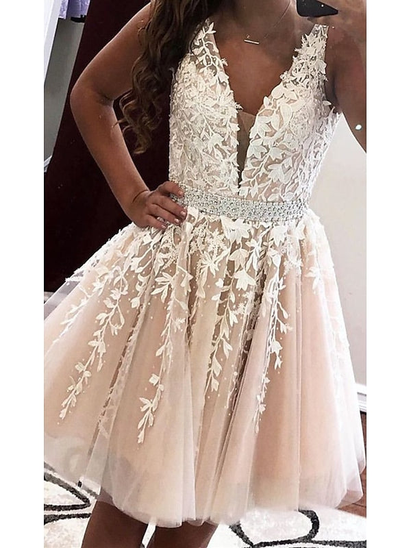 A-Line V-Neck Sleeveless Tulle Homecoming Dresses with Appliques/Beads Belt BabaMila
