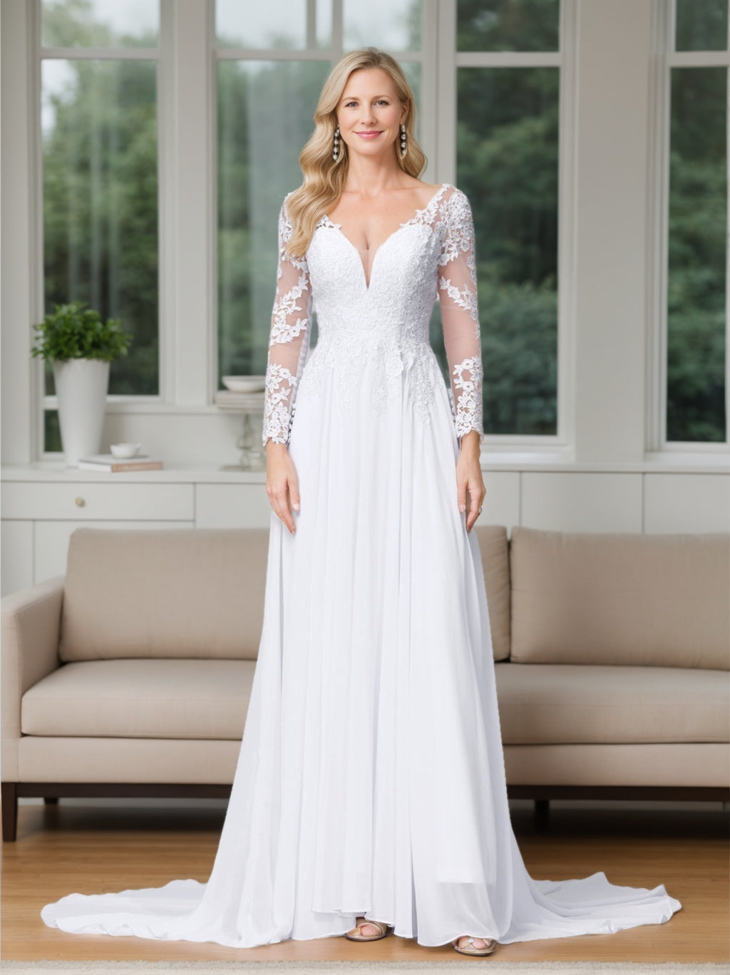 A-Line/Princess V-Neck Long Sleeves Sweep Train Appliques Wedding Dress BabaMila