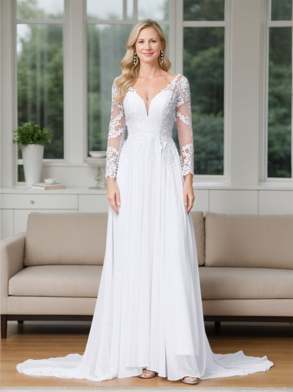 A-Line/Princess V-Neck Long Sleeves Sweep Train Appliques Wedding Dress BabaMila