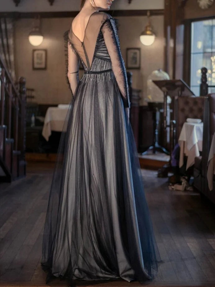 A-Line/Princess Scoop Long Sleeves Floor-Length Evening Dress with Split Side BabaMila