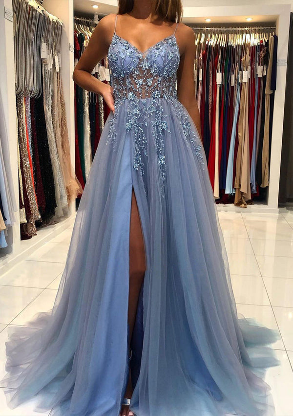 A-Line/Princess V-Neck Spaghetti Straps Long Prom Dresses With Split Side/Appliques BabaMila