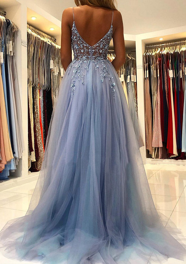 A-Line/Princess V-Neck Spaghetti Straps Long Prom Dresses With Split Side/Appliques BabaMila