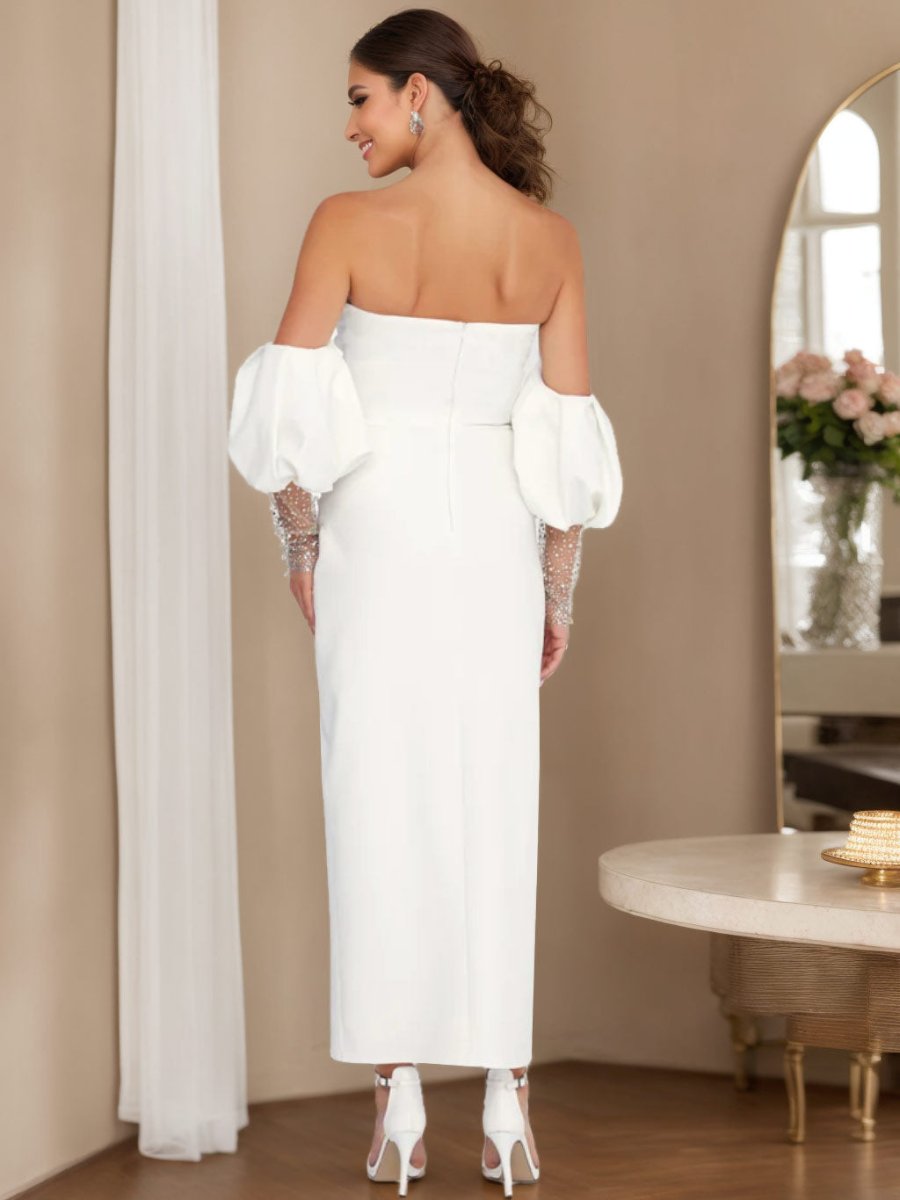 Sheath/Column V-Neck Half Sleeves Ankle Length Wedding Dress with Lace & Split Side BabaMila