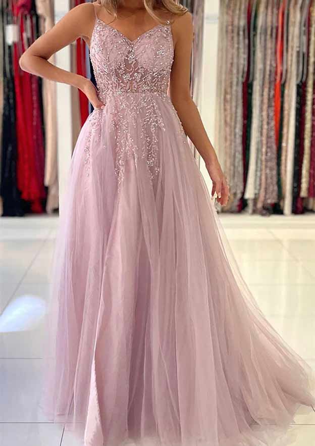 A-Line/Princess V-Neck Spaghetti Straps Long Prom Dresses With Split Side/Appliques BabaMila