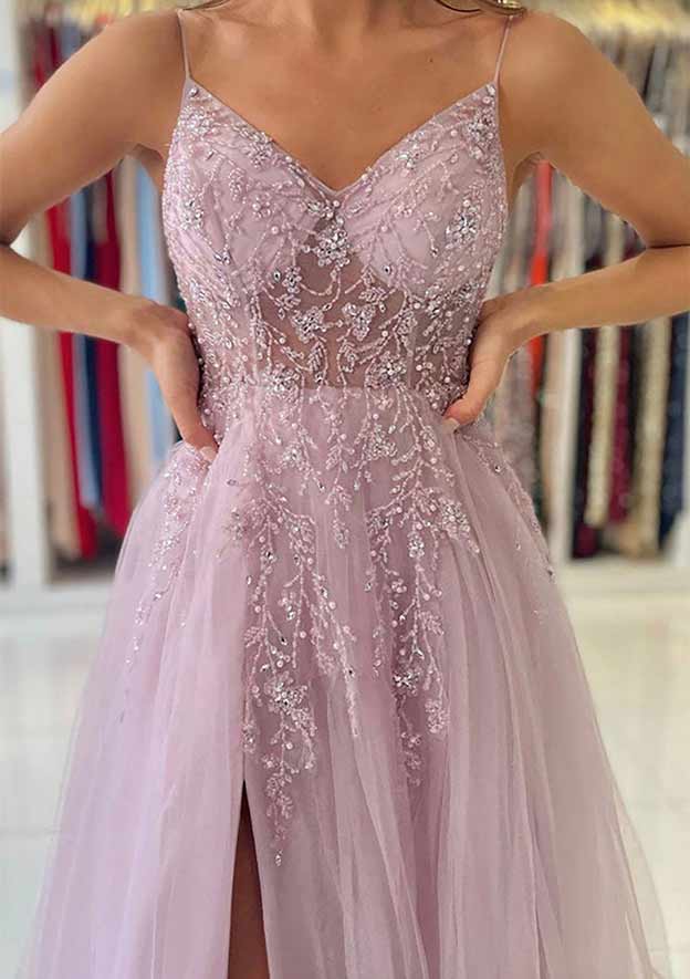 A-Line/Princess V-Neck Spaghetti Straps Long Prom Dresses With Split Side/Appliques BabaMila