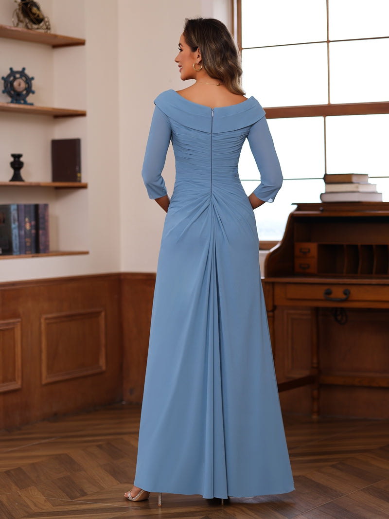 Sheath/Column V-Neck 3/4 Length Sleeves Floor-Length Unique Mother Of The Bride Dresses With Ruffles & Appliques BabaMila