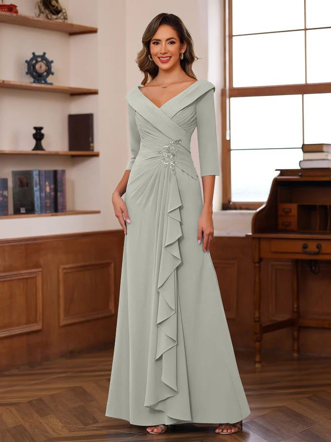Sheath/Column V-Neck 3/4 Length Sleeves Floor-Length Unique Mother Of The Bride Dresses With Ruffles & Appliques BabaMila