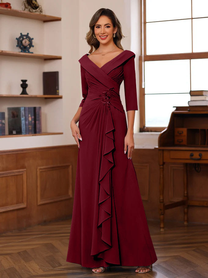 Sheath/Column V-Neck 3/4 Length Sleeves Floor-Length Unique Mother Of The Bride Dresses With Ruffles & Appliques BabaMila
