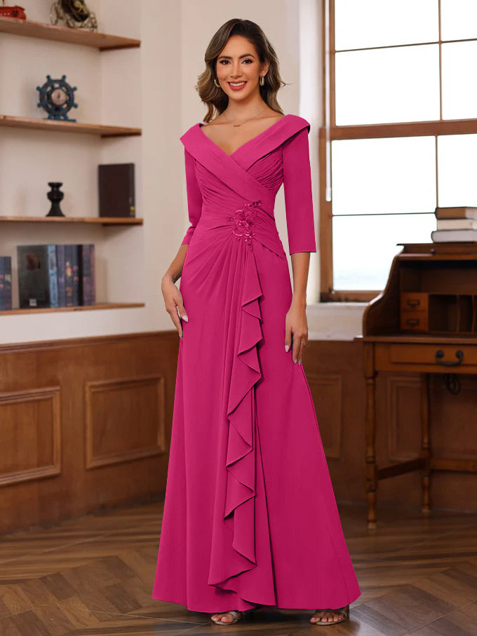 Sheath/Column V-Neck 3/4 Length Sleeves Floor-Length Unique Mother Of The Bride Dresses With Ruffles & Appliques BabaMila