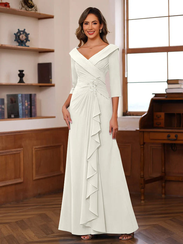 Sheath/Column V-Neck 3/4 Length Sleeves Floor-Length Unique Mother Of The Bride Dresses With Ruffles & Appliques BabaMila
