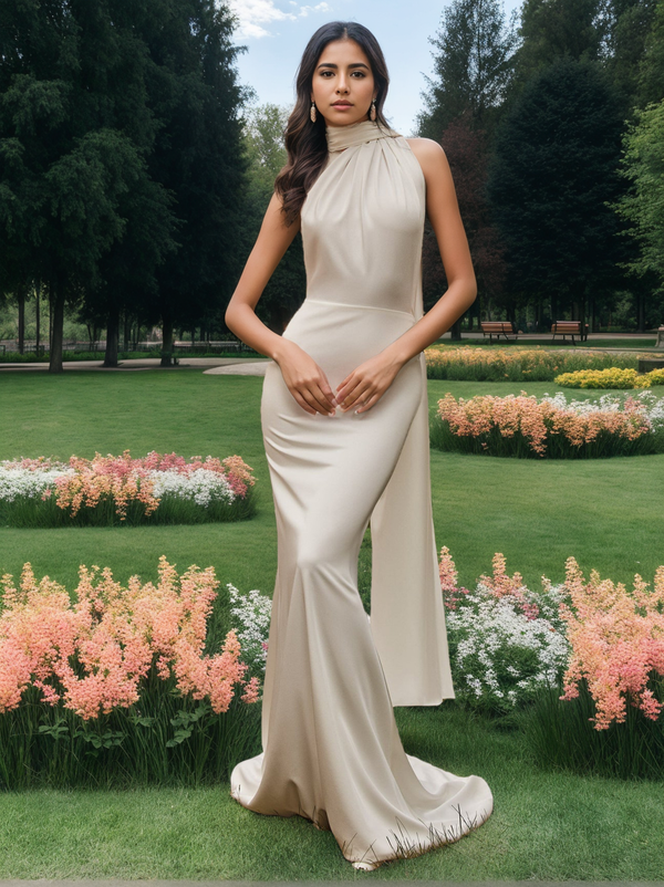 Trumpet/Mermaid High Single Shoulder Neck Sleeveless Floor-length Wedding Dress with Ruffles BabaMila
